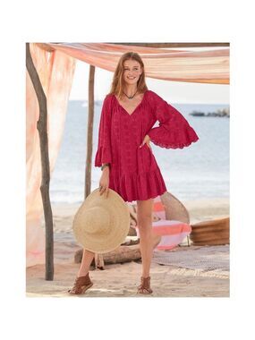 Sundance Moray Embroidered Coverup Dress Lipstick Size L NWT